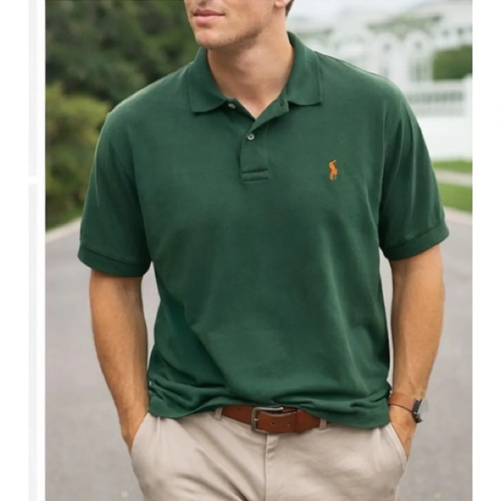 Polo Ralph Lauren Men’s Medium Green Short Sleeve Cotton Polo Shirt Orange Pony
